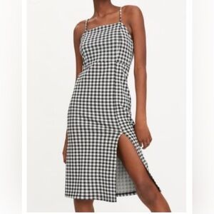 ZARA Black and White Gingham Midi Dress with Side Slit